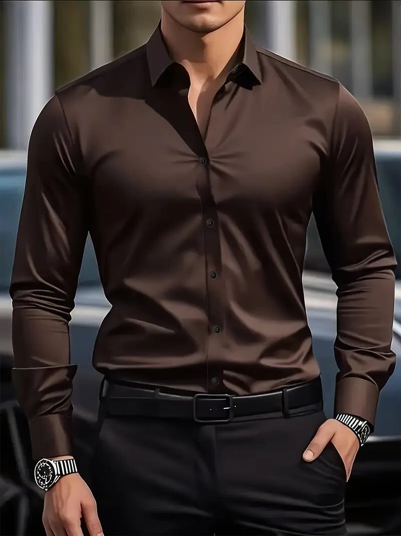 Slim Fit Long Sleeve Button-Down Shirt for Men - Brown