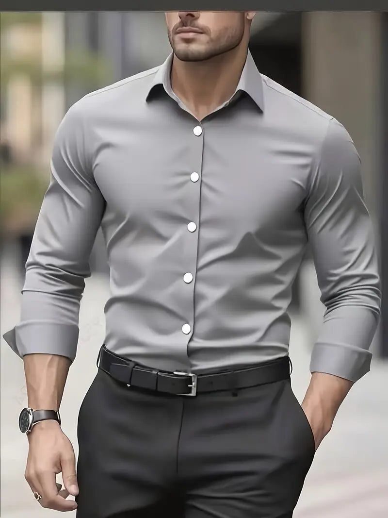 Slim Fit Long Sleeve Button-Down Shirt for Men - Grey