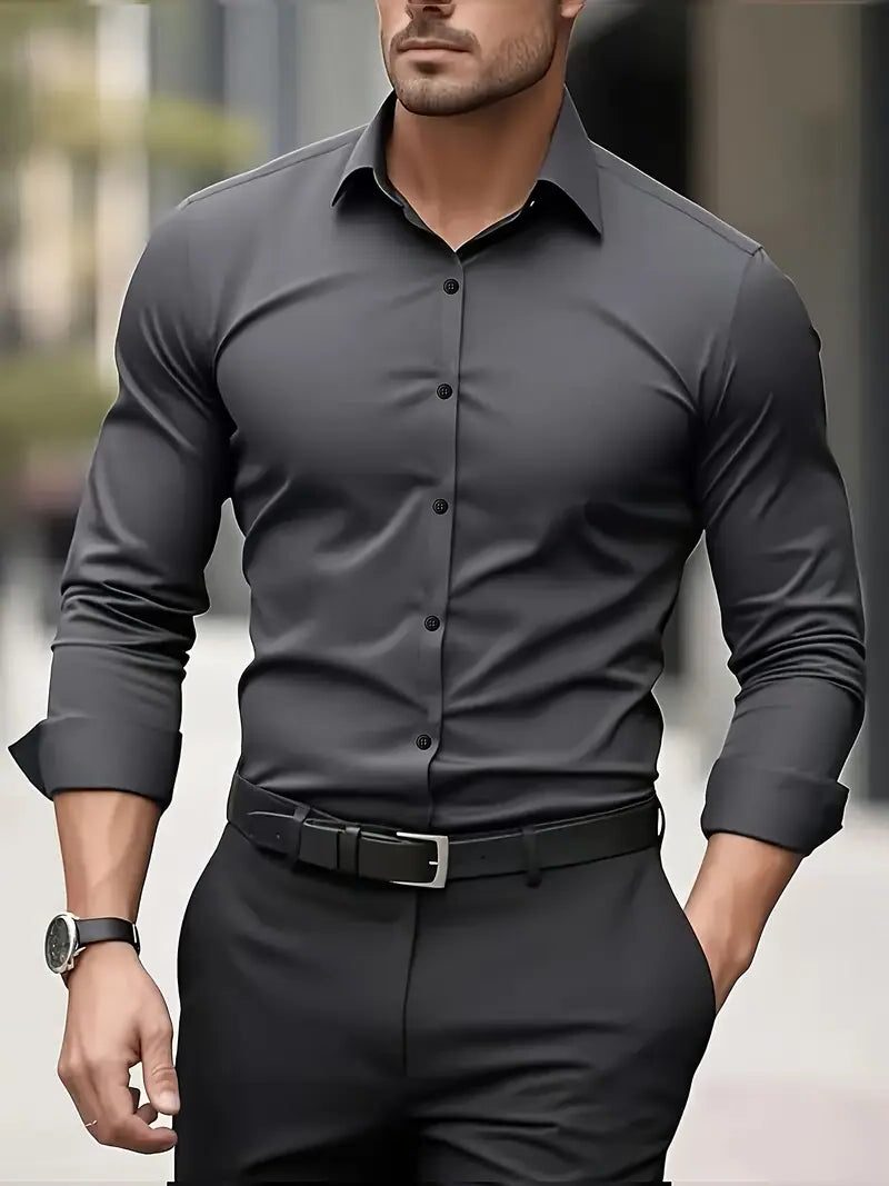 Slim Fit Long Sleeve Button-Down Shirt for Men - Dark Grey