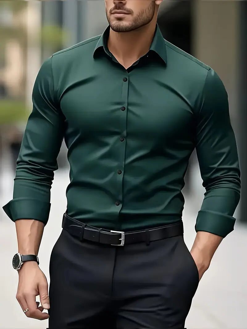 Slim Fit Long Sleeve Button-Down Shirt for Men - Green
