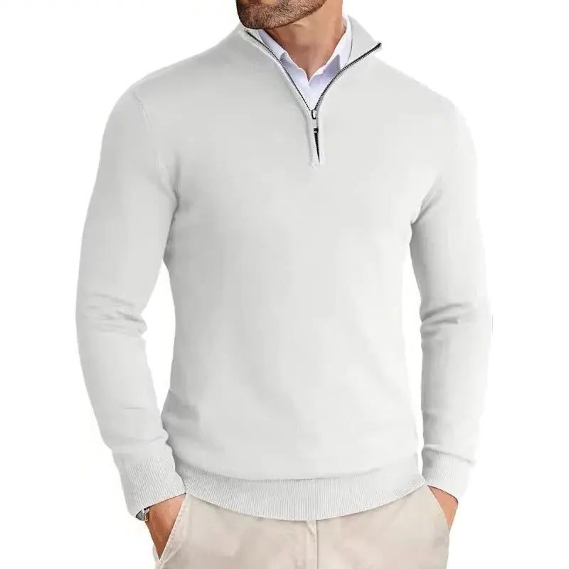 Slim Fit Quarter Zip Sweater for Men - White