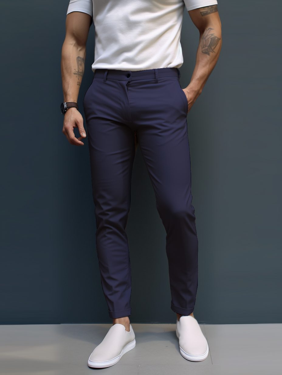 Slim Fit Stretch Chino Trousers for Men - Navy Blue