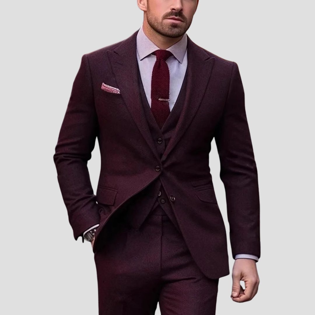 Slim Fit Three Piece Suit Set for Men - Wine Red