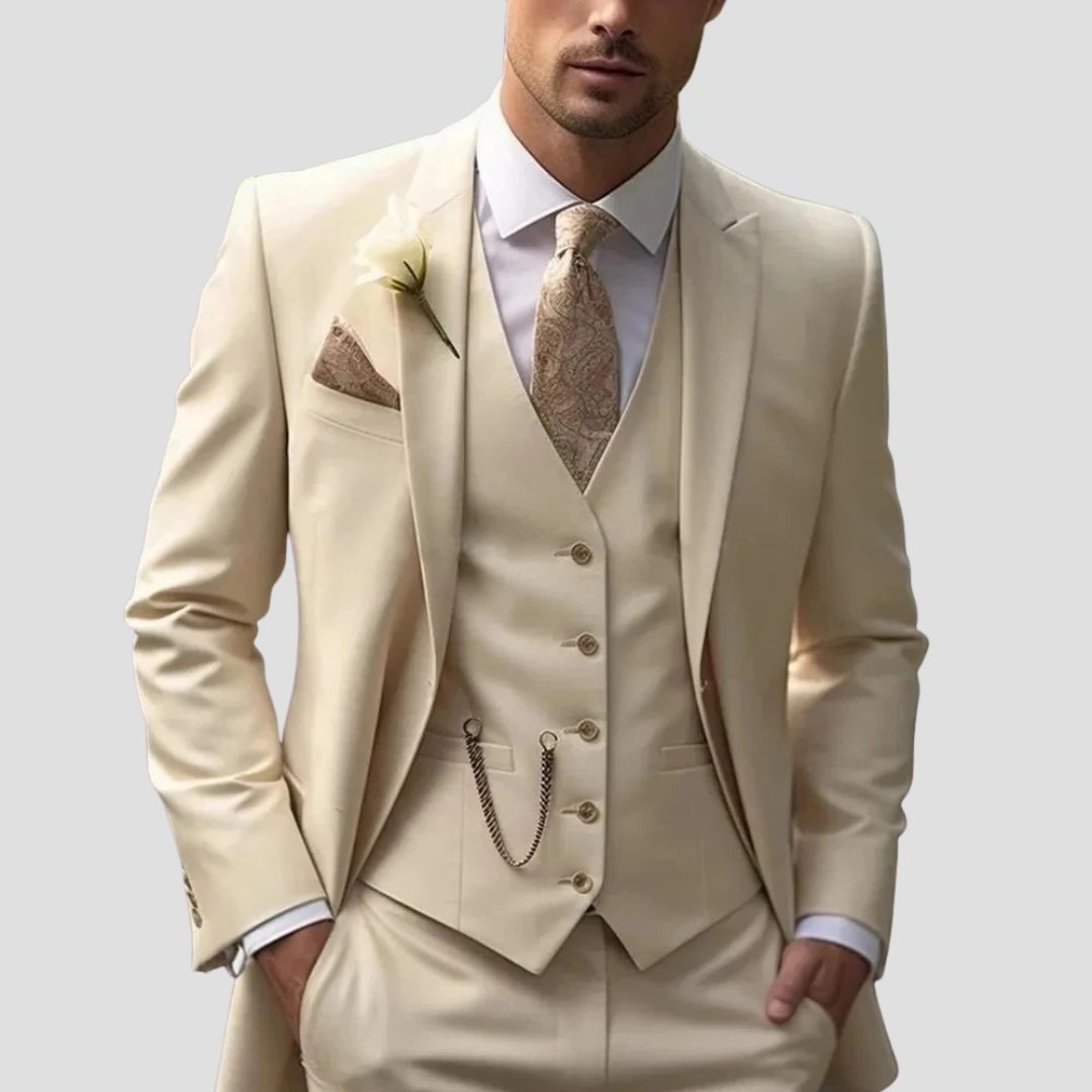 Slim Fit Three Piece Suit Set for Men - Cream