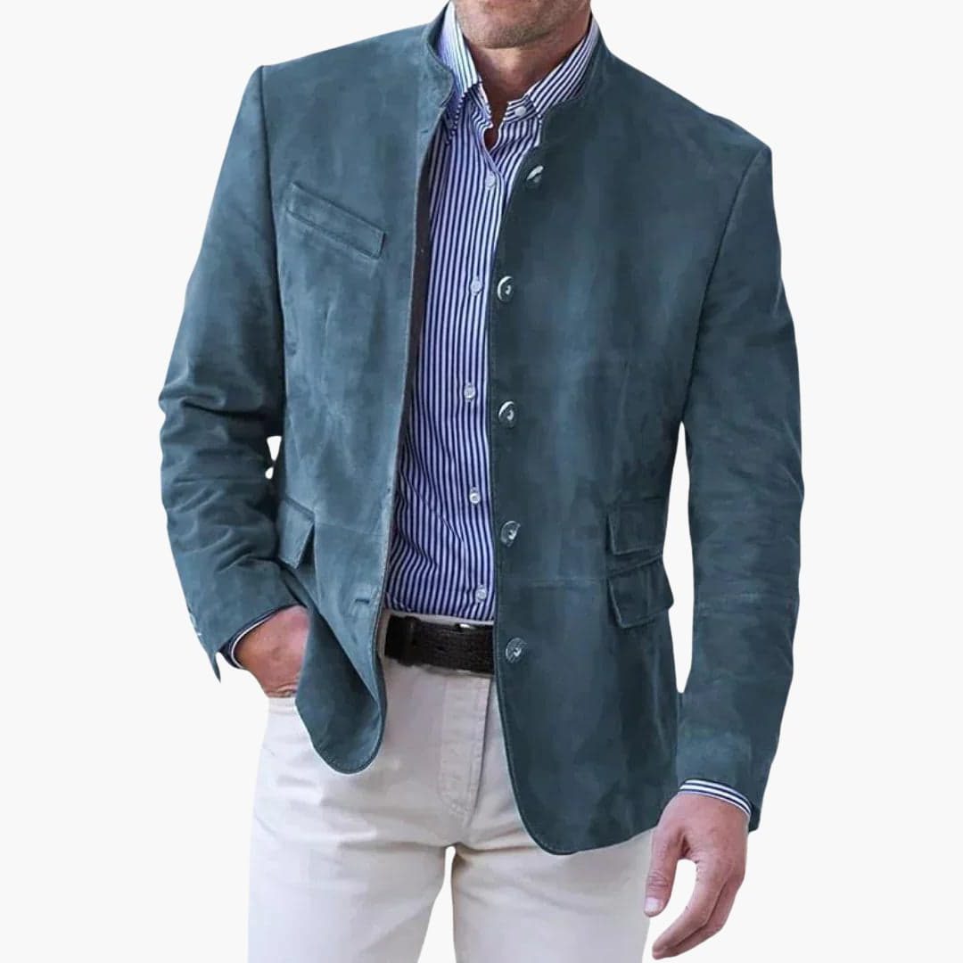 Stand Collar Suede Blazer for Men - Blue