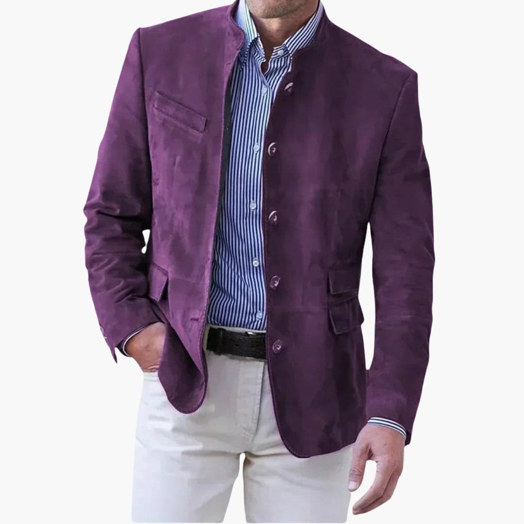 Stand Collar Suede Blazer for Men - Purple