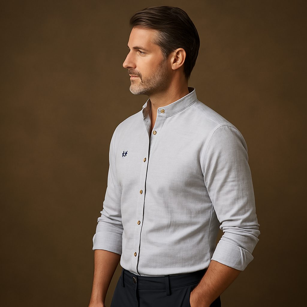 Stand Collar Long Sleeve Button-Down Shirt for Men - View 2