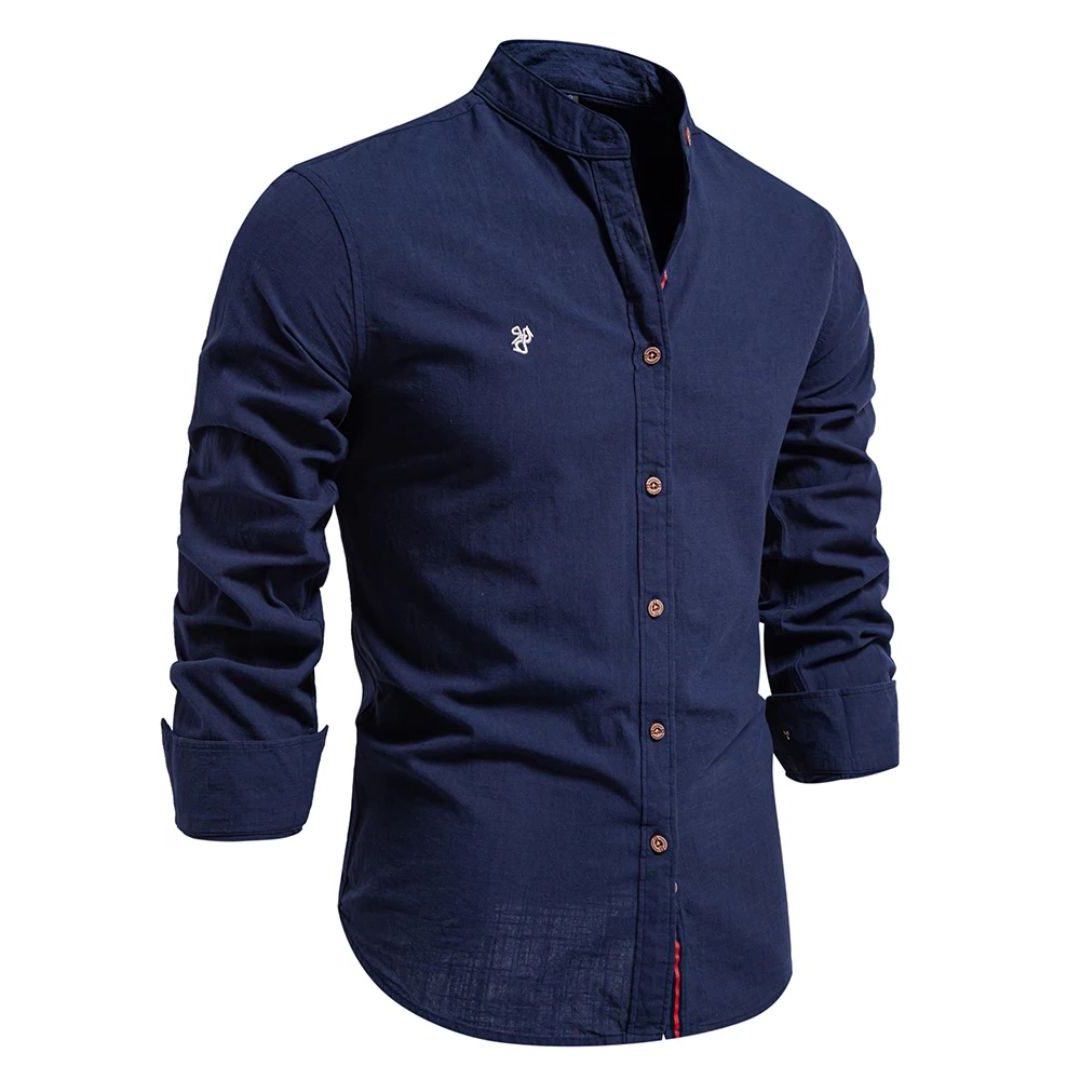 Stand Collar Long Sleeve Button-Down Shirt for Men - Navy Blue