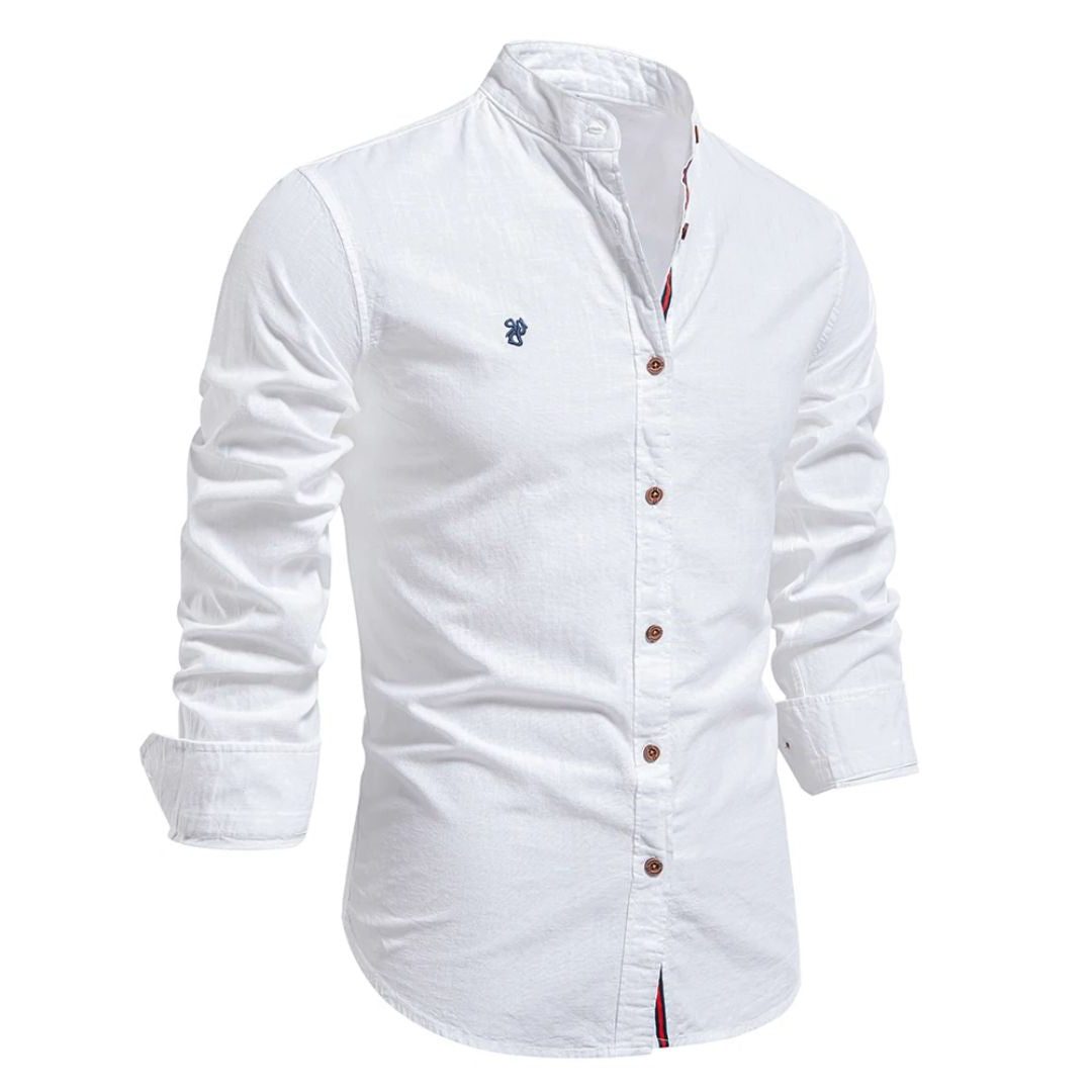 Stand Collar Long Sleeve Button-Down Shirt for Men - White