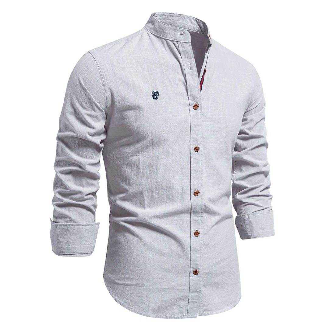 Stand Collar Long Sleeve Button-Down Shirt for Men - Gray
