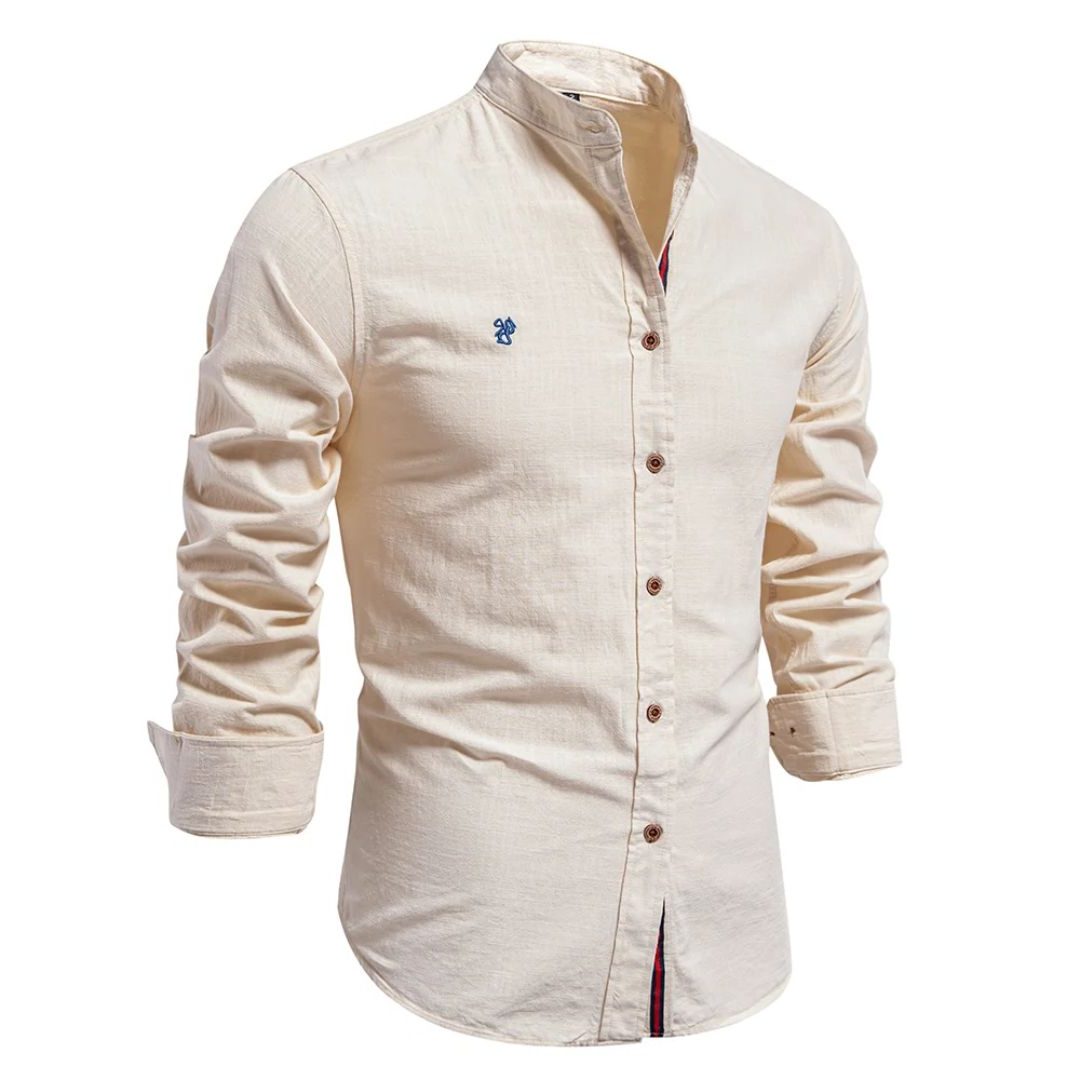 Stand Collar Long Sleeve Button-Down Shirt for Men - Beige