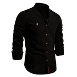 Stand Collar Long Sleeve Button-Down Shirt for Men - Black