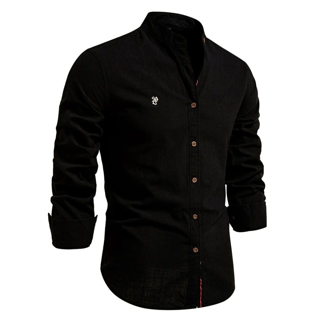 Stand Collar Long Sleeve Button-Down Shirt for Men - Black