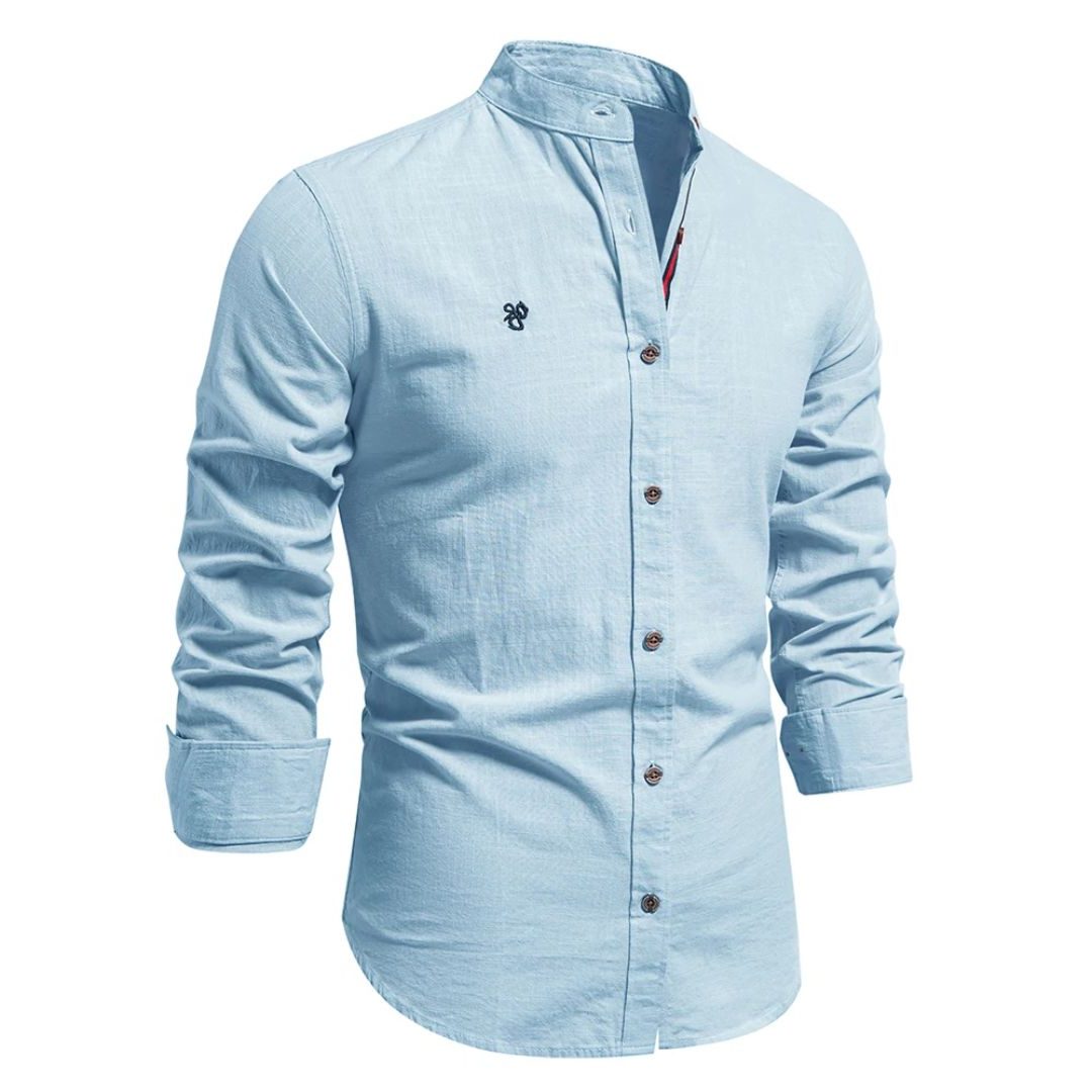 Stand Collar Long Sleeve Button-Down Shirt for Men - Light Blue