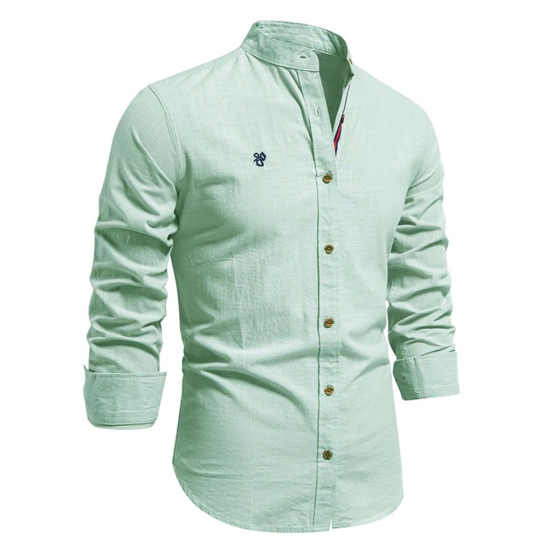 Stand Collar Long Sleeve Button-Down Shirt for Men - Light Green