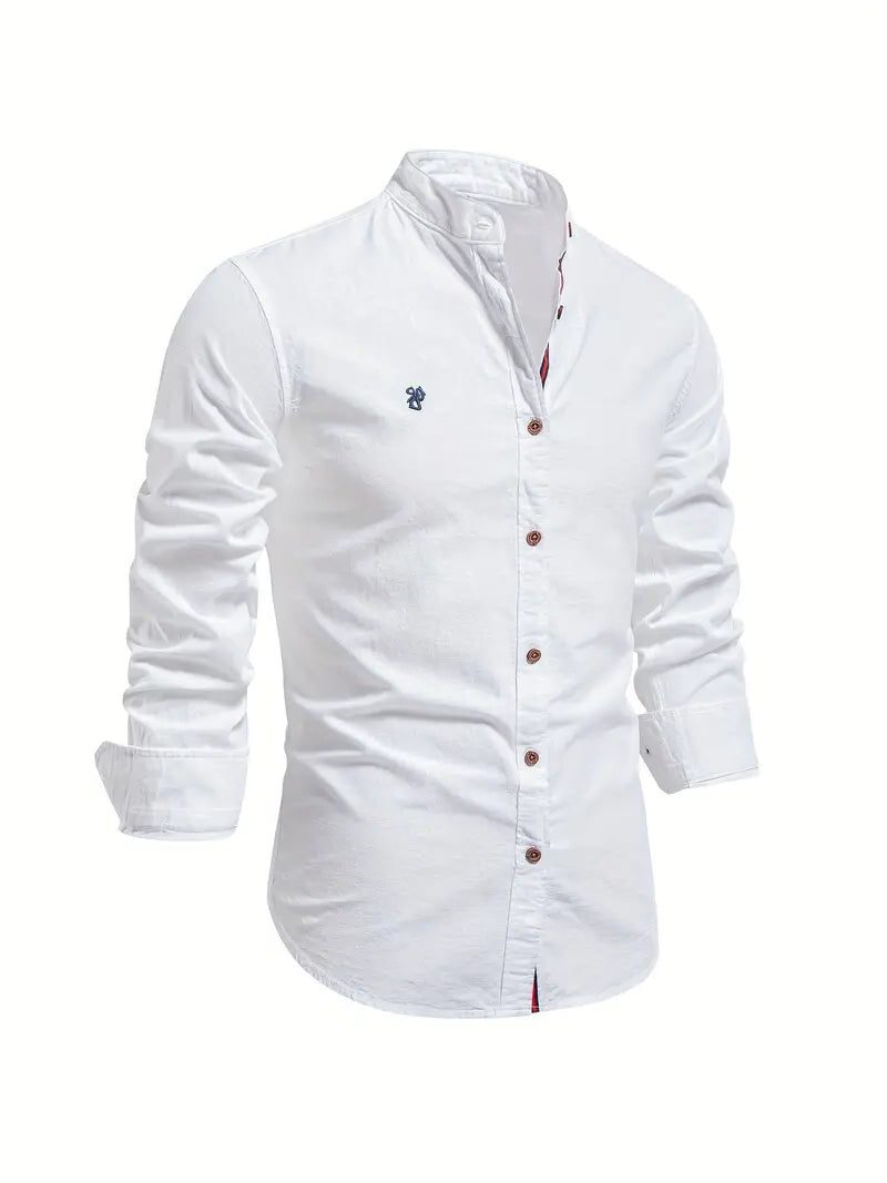 Button-Down Stand Collar Shirt for Men - White