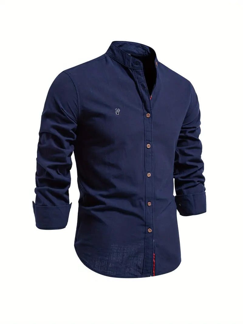 Button-Down Stand Collar Shirt for Men - Navy Blue