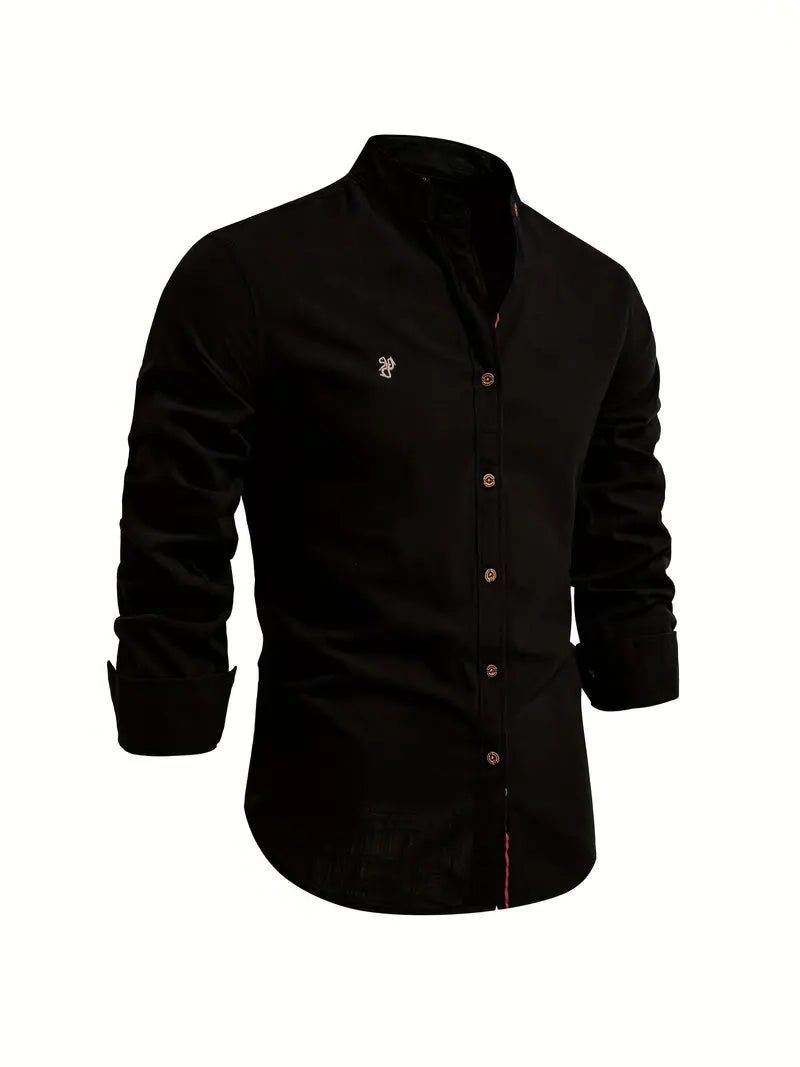 Button-Down Stand Collar Shirt for Men - Black