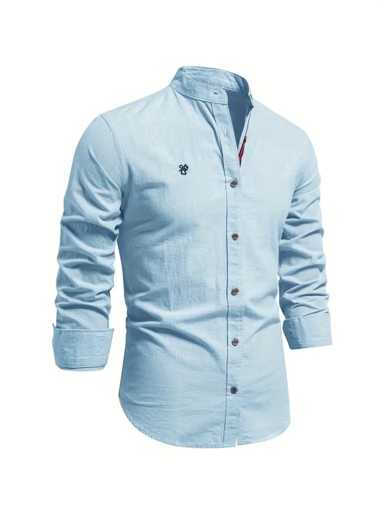 Button-Down Stand Collar Shirt for Men - Light Blue