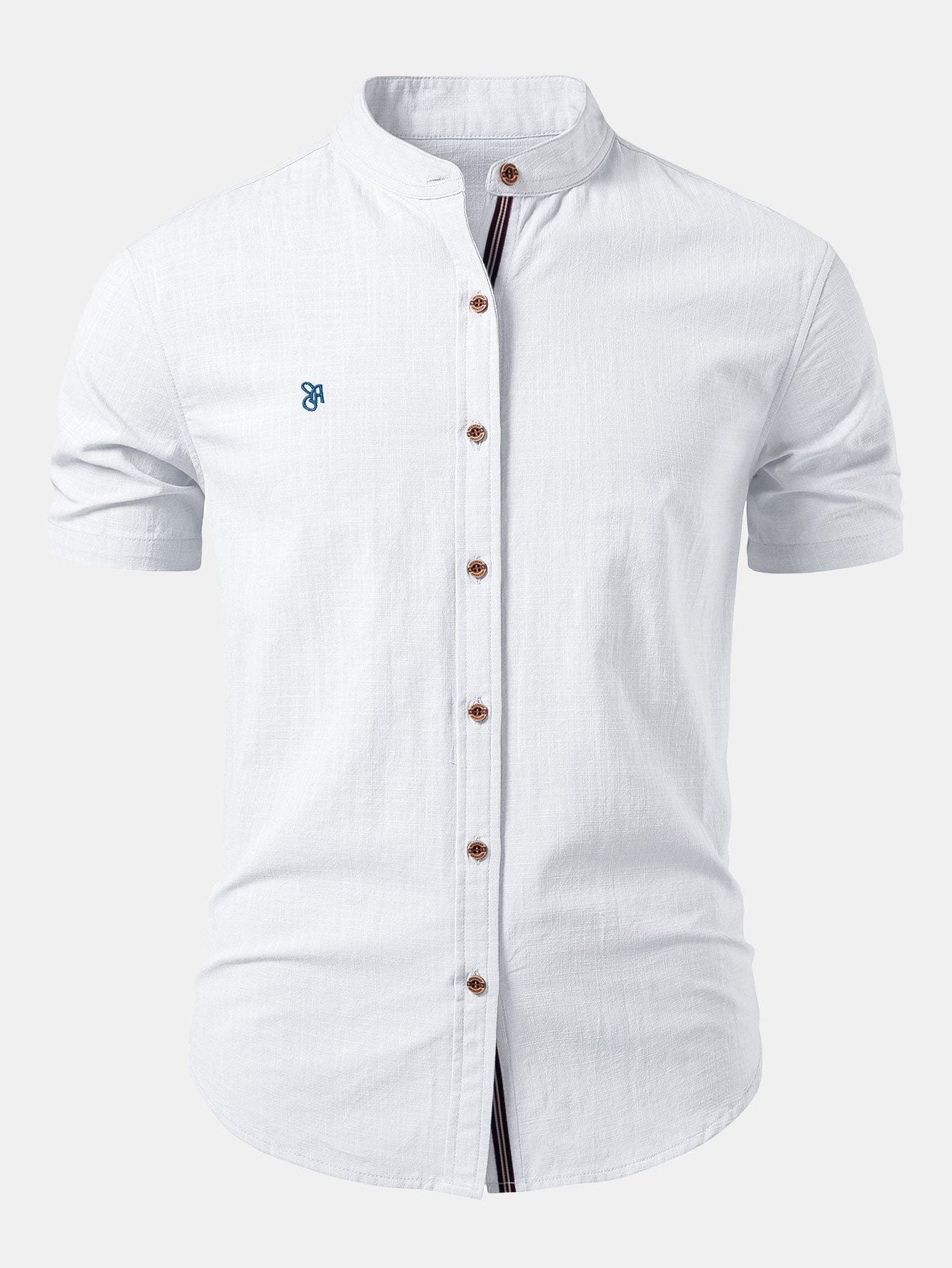 Stand Collar Short Sleeve Button-Down Shirt for Men - White