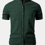 Stand Collar Short Sleeve Button-Down Shirt for Men - Dark Green