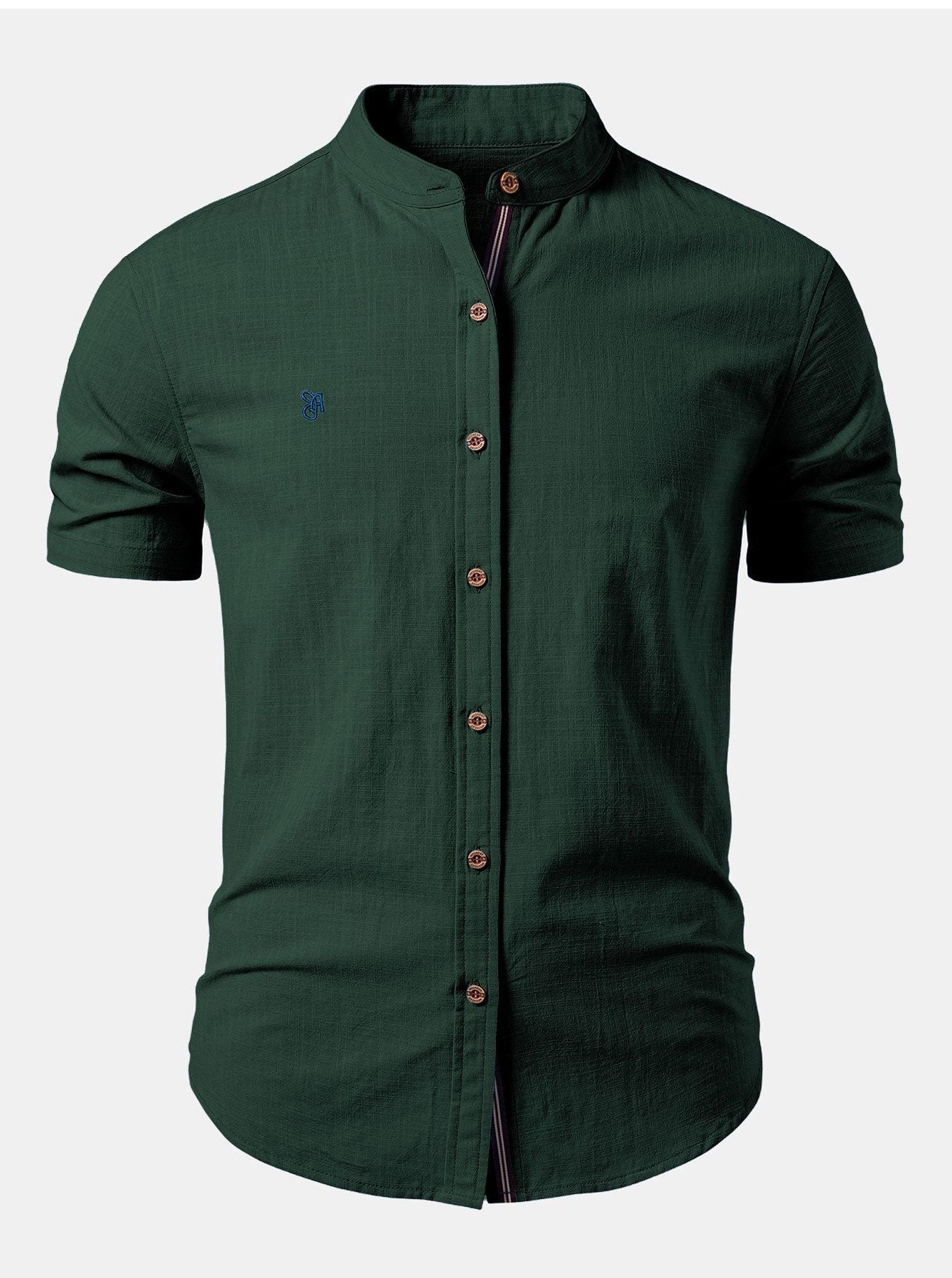 Stand Collar Short Sleeve Button-Down Shirt for Men - Dark Green