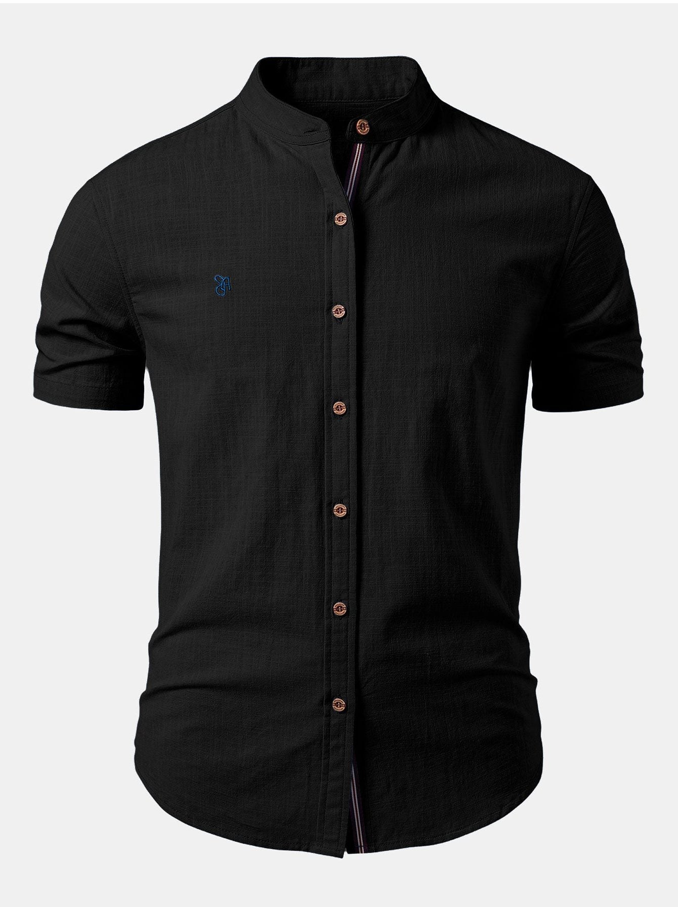 Stand Collar Short Sleeve Button-Down Shirt for Men - Black