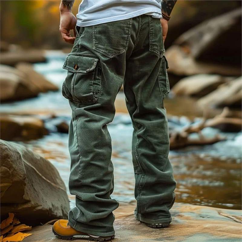 Straight Leg Cargo Jeans with Multiple Pockets for Men