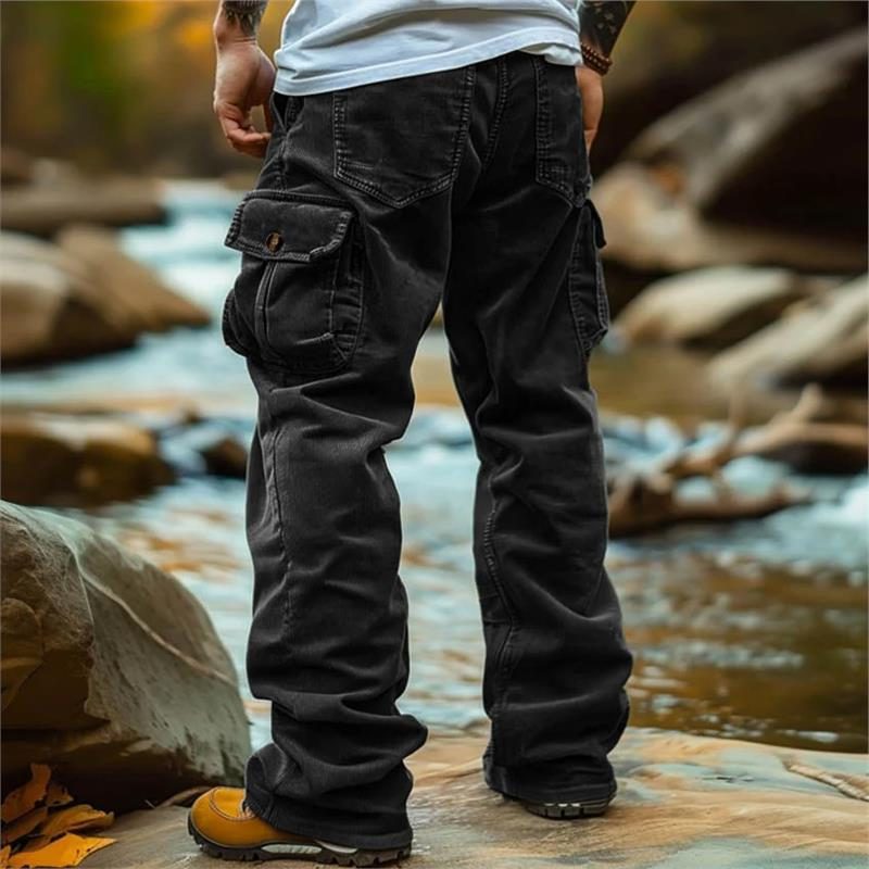 Straight Leg Cargo Jeans with Multiple Pockets for Men - Black