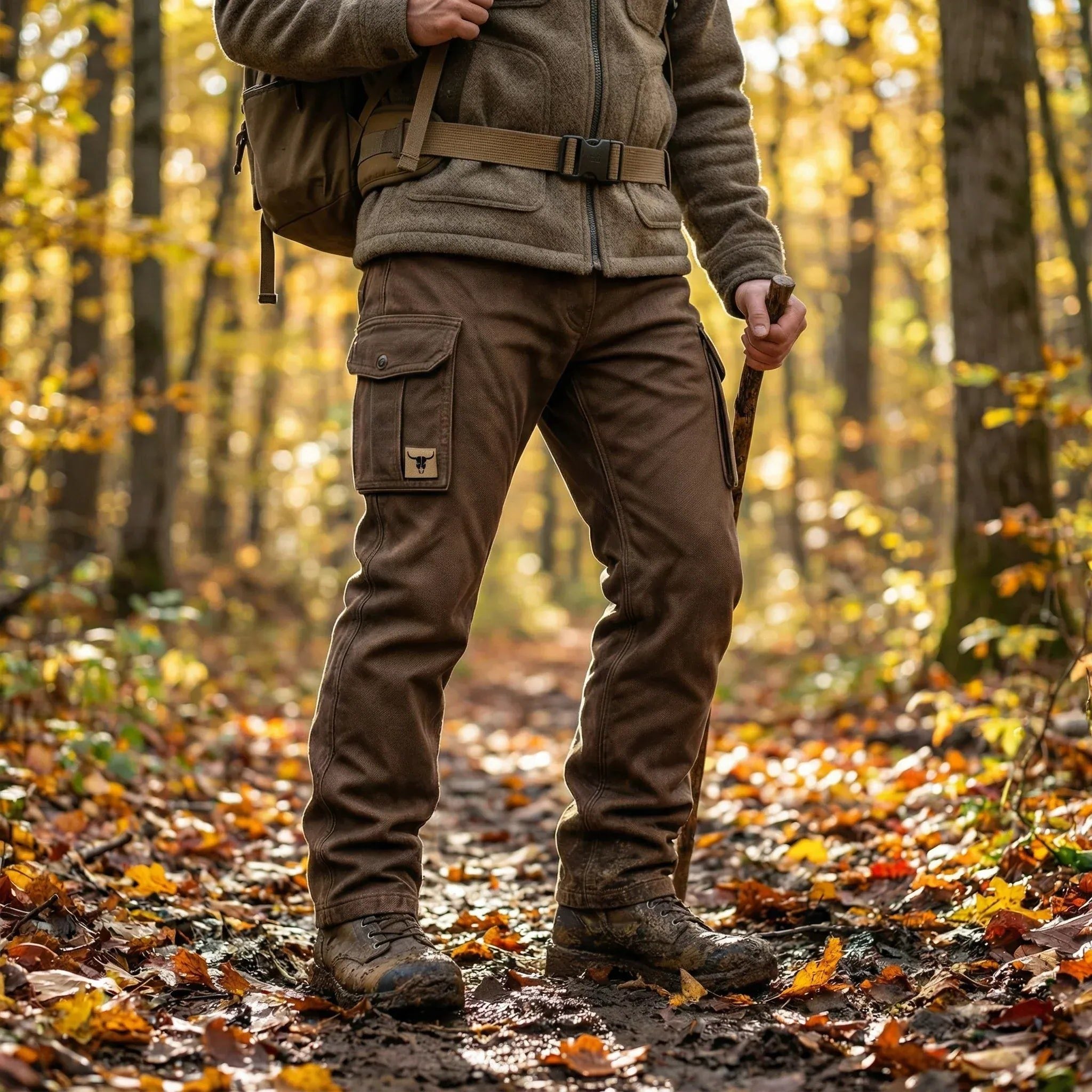 Straight Leg Cargo Trousers with Belted Waist for Men - View 2