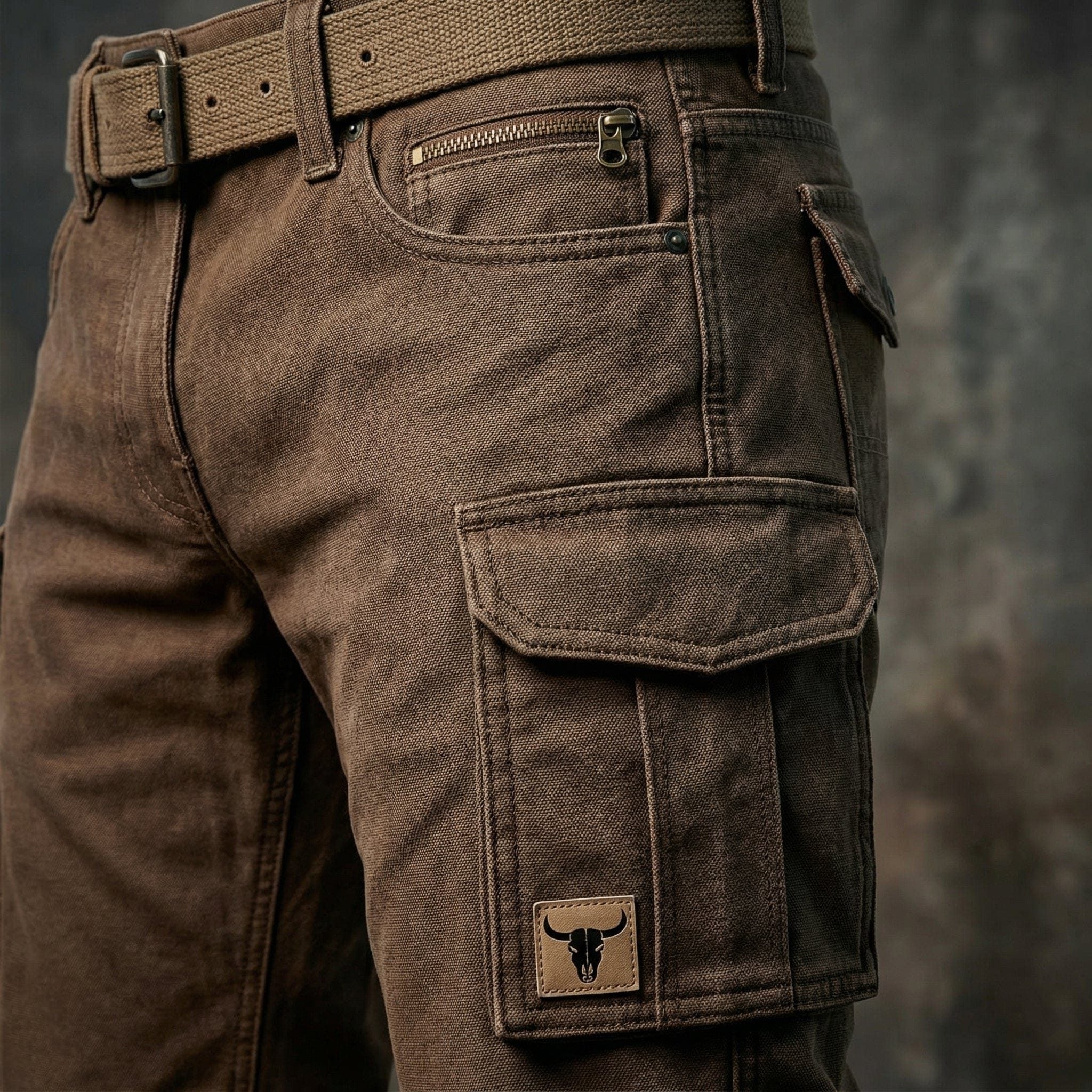 Straight Leg Cargo Trousers with Belted Waist for Men - View 3