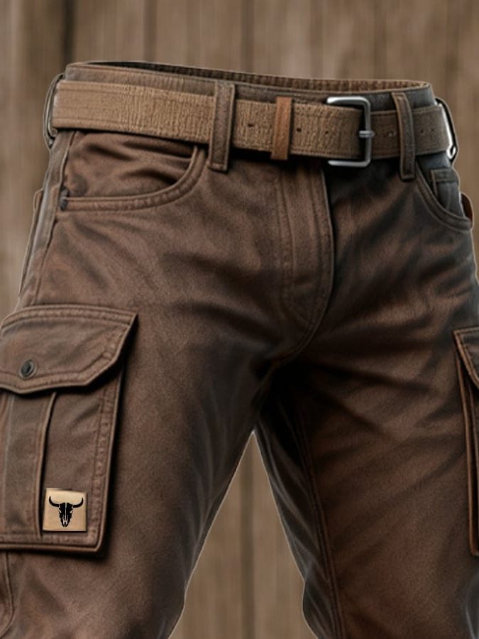 Straight Leg Cargo Trousers with Belted Waist for Men - View 4