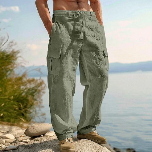Straight Leg Cargo Trousers with Side Pockets for Men - Light Green
