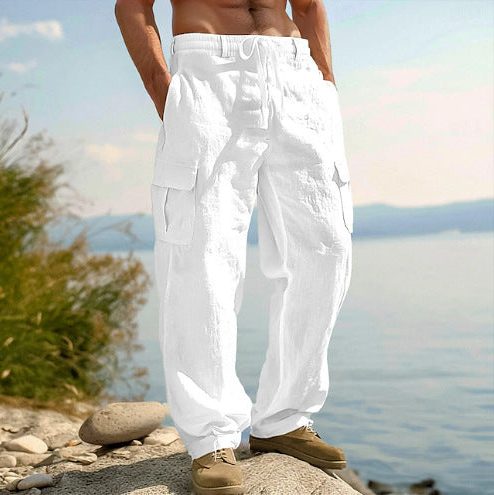 Straight Leg Cargo Trousers with Side Pockets for Men - White