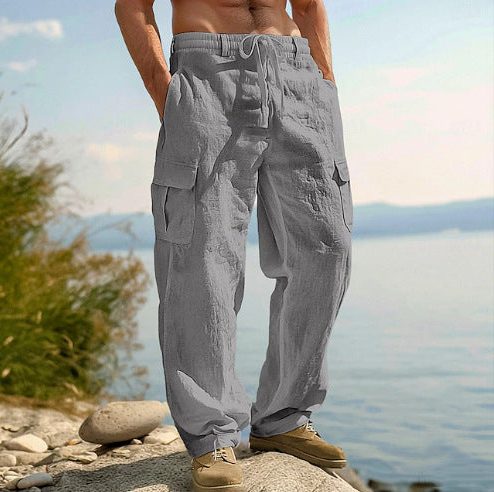 Straight Leg Cargo Trousers with Side Pockets for Men - Dark Gray