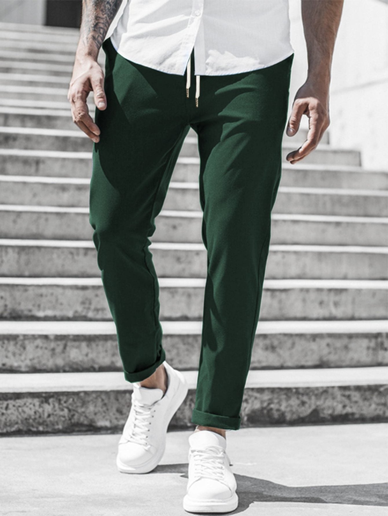 Straight Leg Chino Trousers with Drawstring for Men - Dark Green