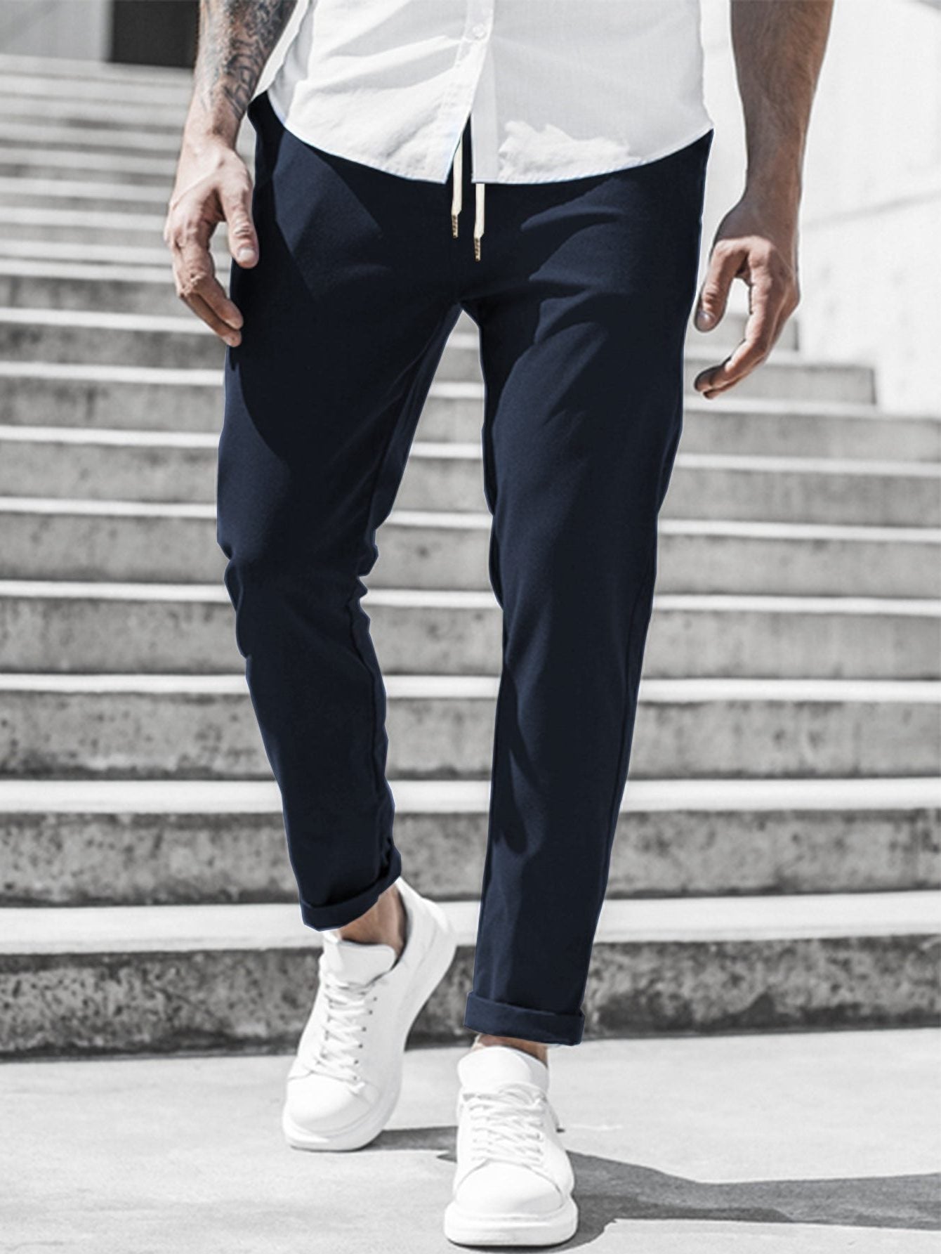 Straight Leg Chino Trousers with Drawstring for Men - Indigo
