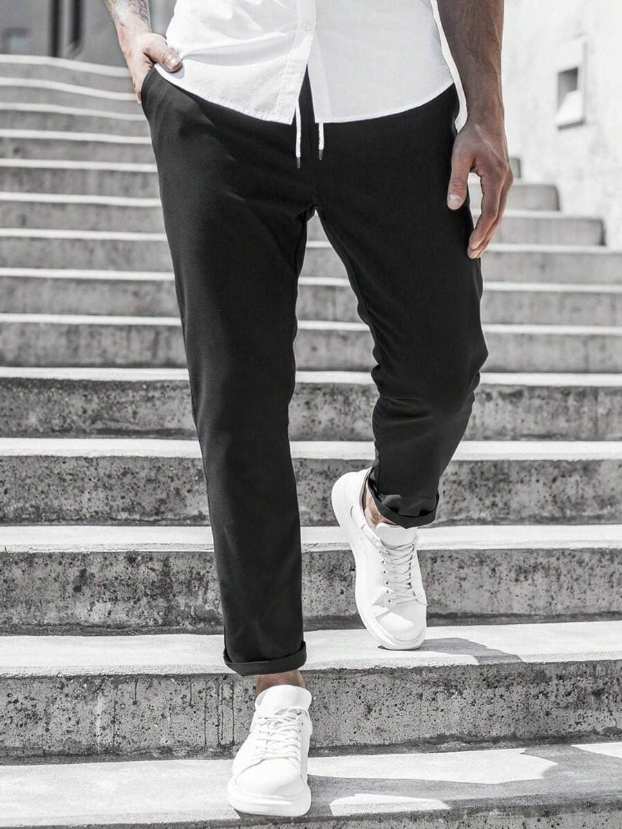 Straight Leg Chino Trousers with Drawstring for Men - Black
