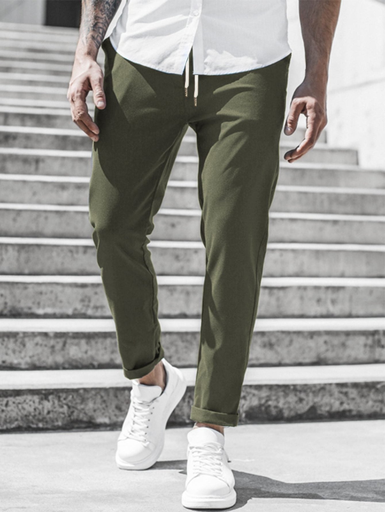 Straight Leg Chino Trousers with Drawstring for Men - Olive Green