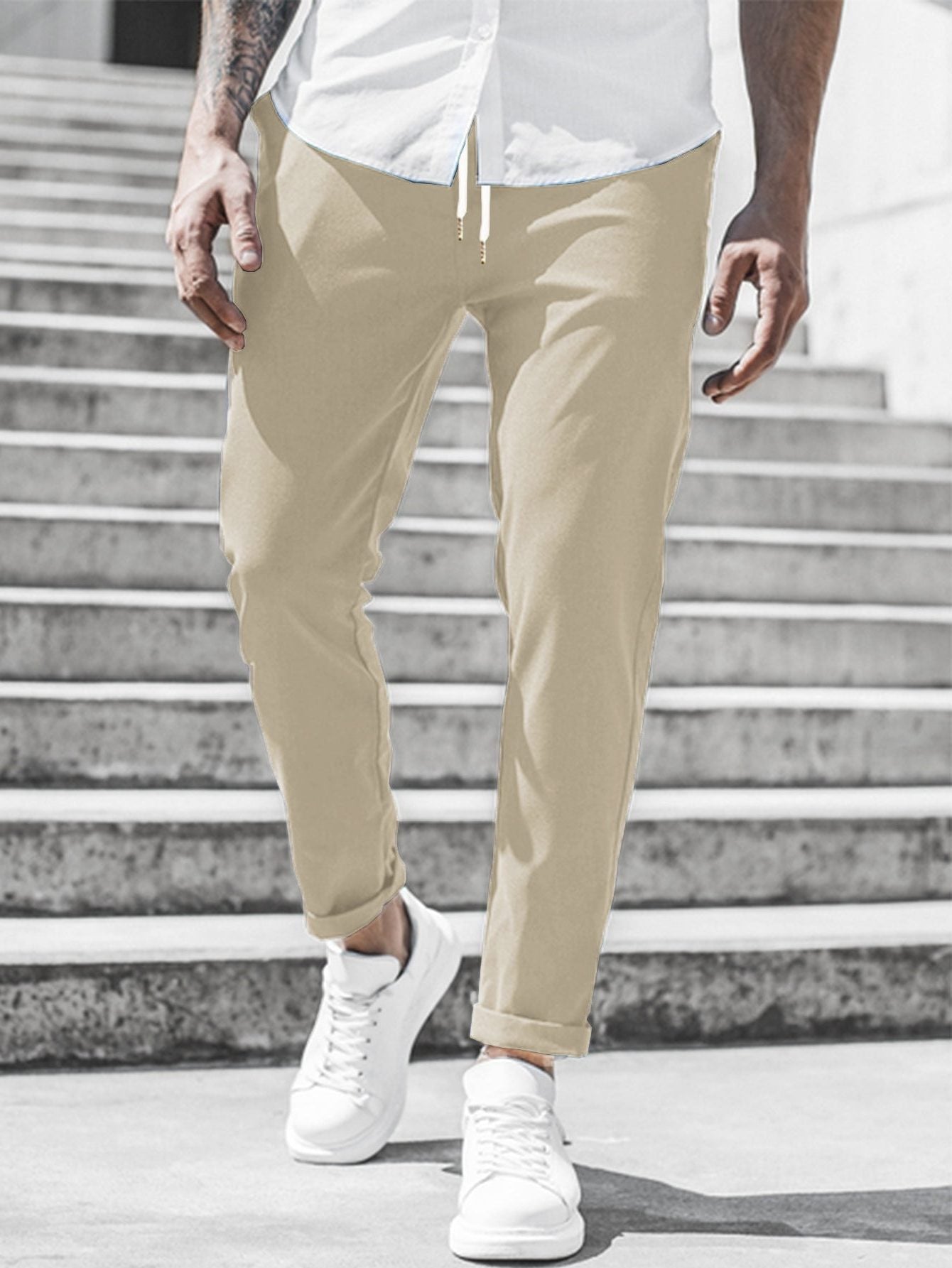 Straight Leg Chino Trousers with Drawstring for Men - Cream