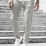 Straight Leg Chino Trousers with Drawstring for Men - Light Gray