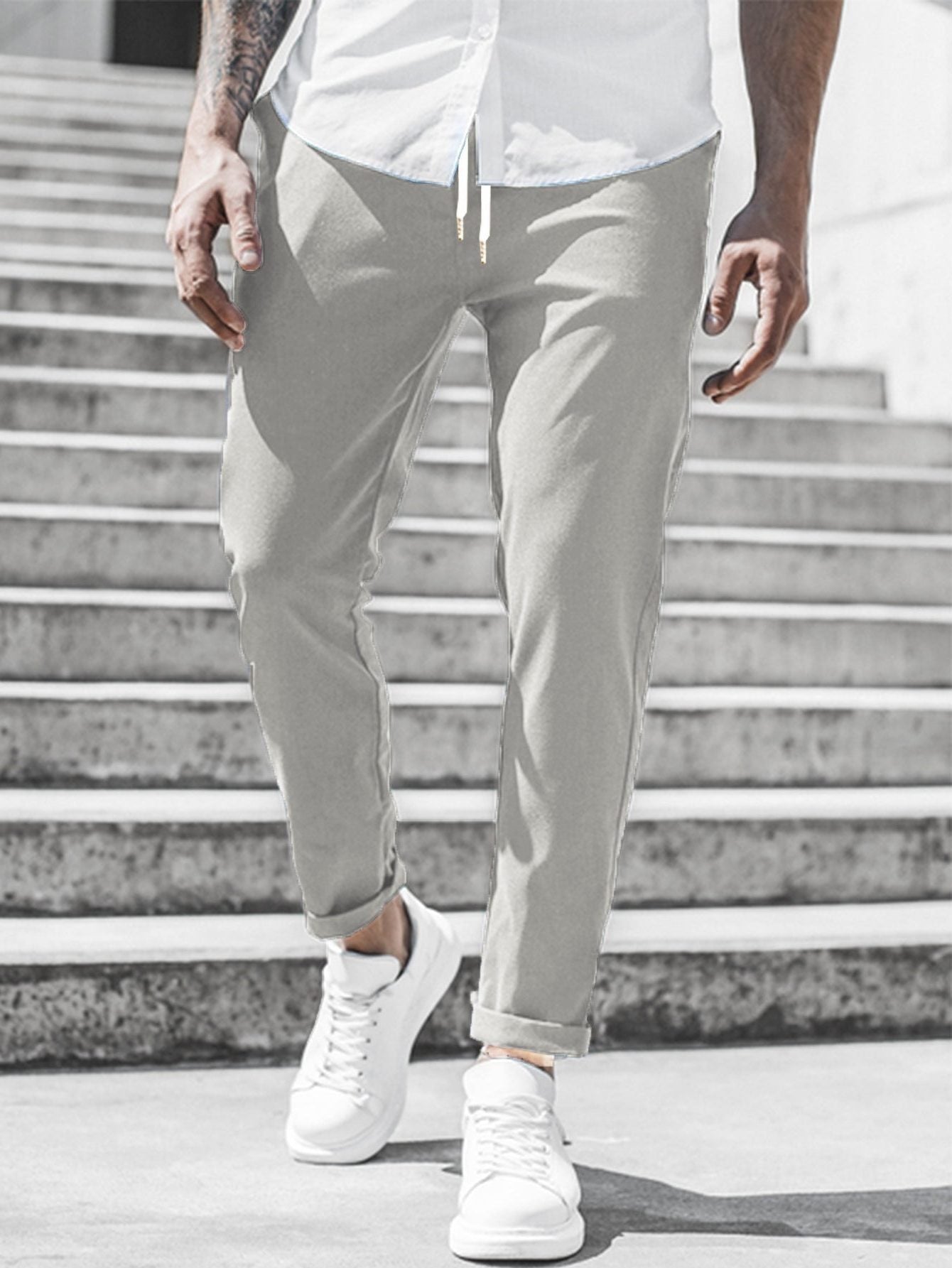 Straight Leg Chino Trousers with Drawstring for Men - Light Gray