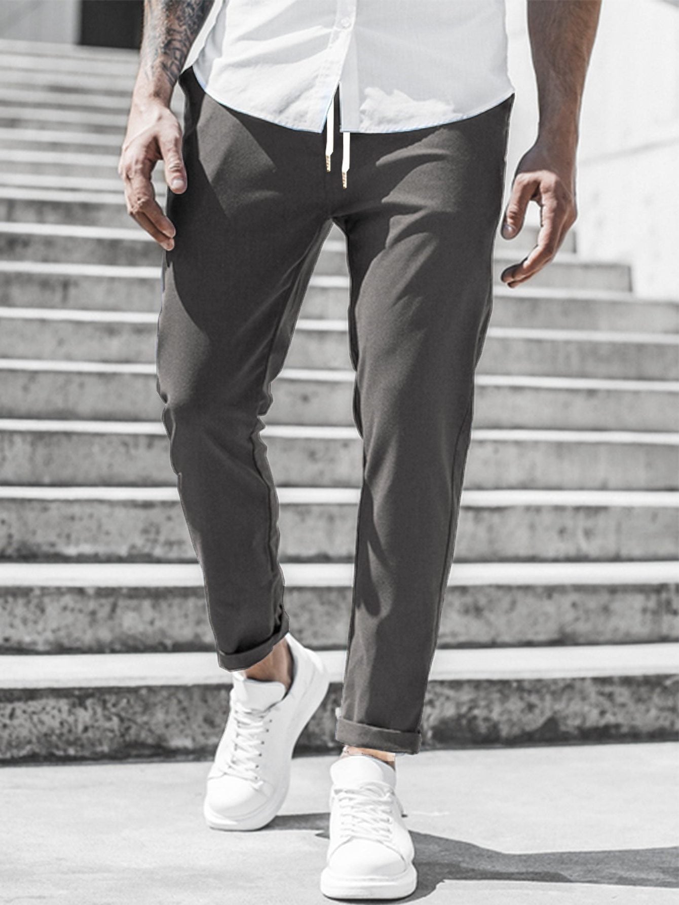 Straight Leg Chino Trousers with Drawstring for Men - Dark Gray