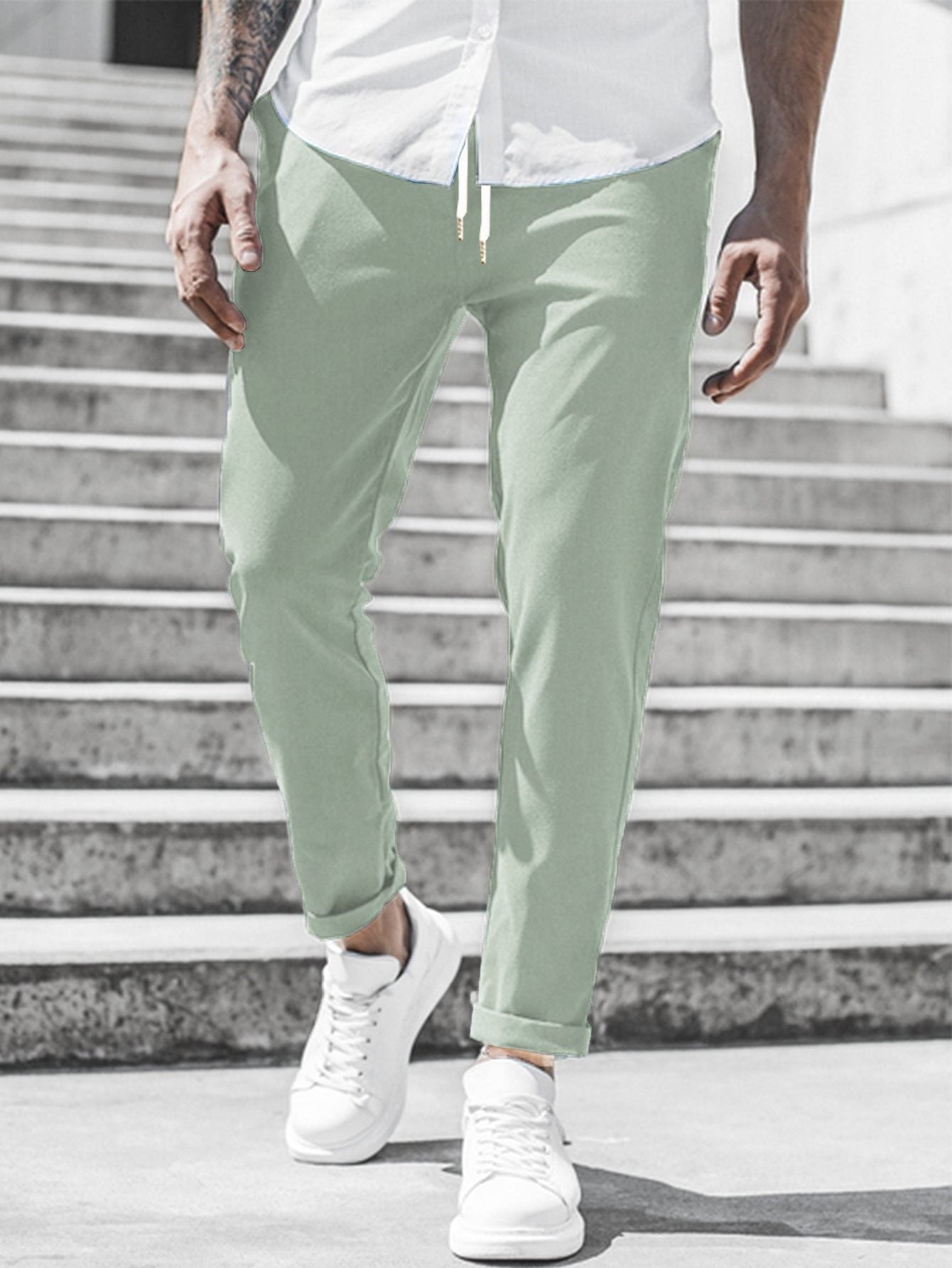 Straight Leg Chino Trousers with Drawstring for Men - Light Green