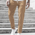 Straight Leg Chino Trousers with Drawstring for Men - Khaki