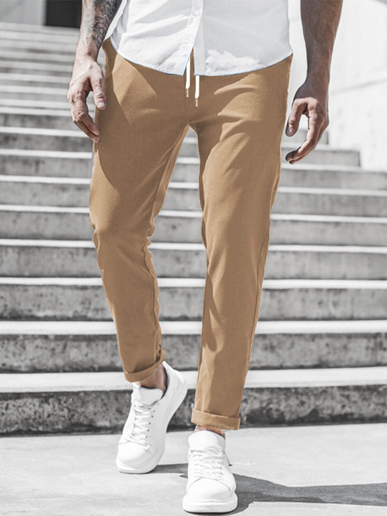 Straight Leg Chino Trousers with Drawstring for Men - Khaki