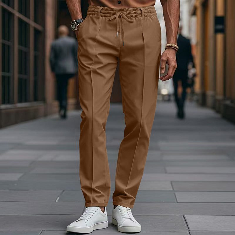 Straight Leg Drawstring Chino Trousers for Men - Brown