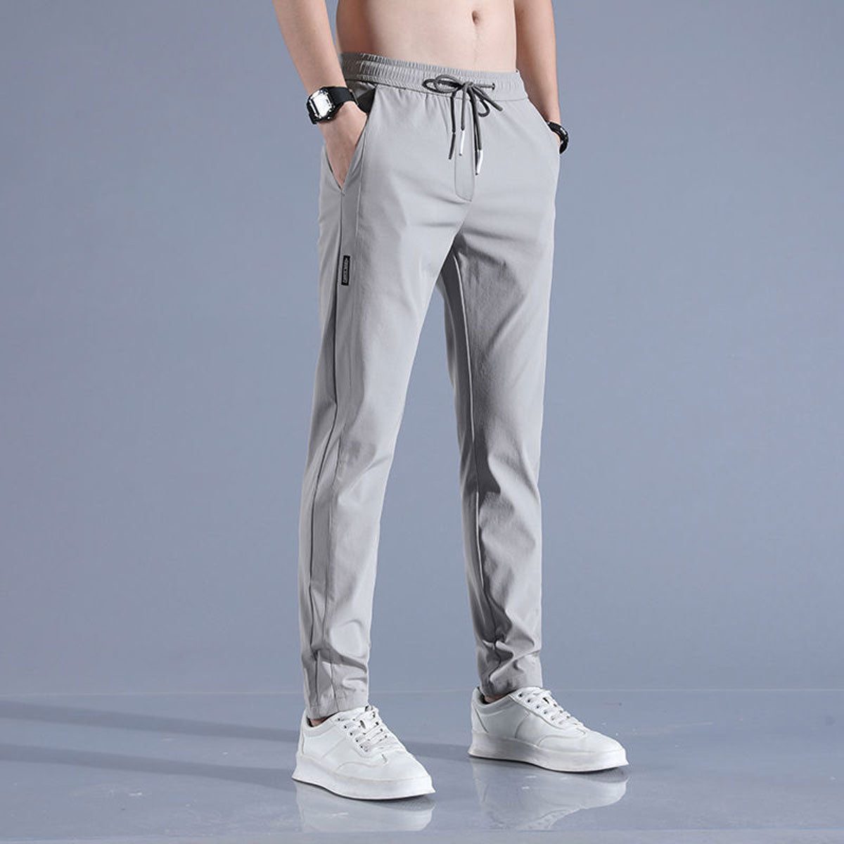 Straight Leg Drawstring Trousers for Men - Hellgrau