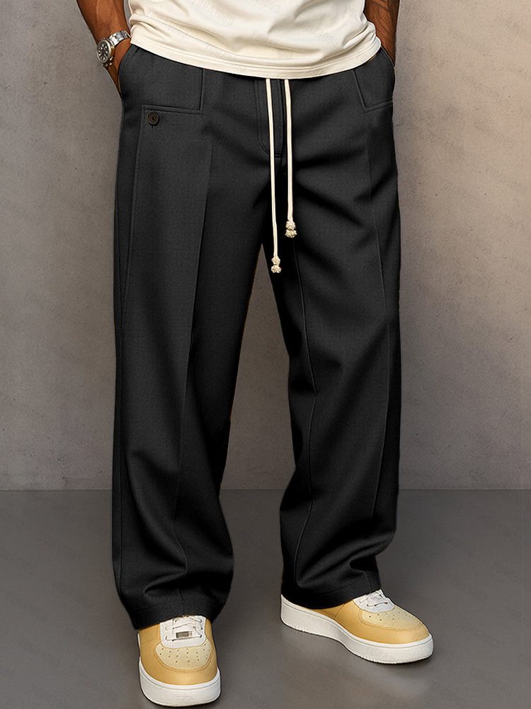 Straight Leg Drawstring Trousers for Men - Black