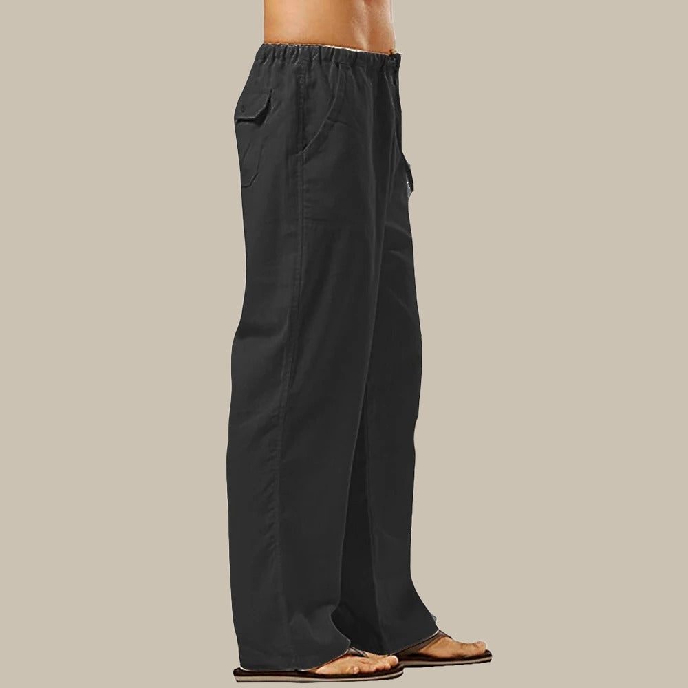 Straight Leg Linen Cargo Trousers for Men - Black